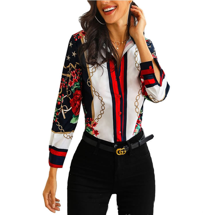 2024 Women Fashion Elegant Office Look Work Wear Party Shirt Female Tops Weekend Floral & Chains Print Casual Blouse