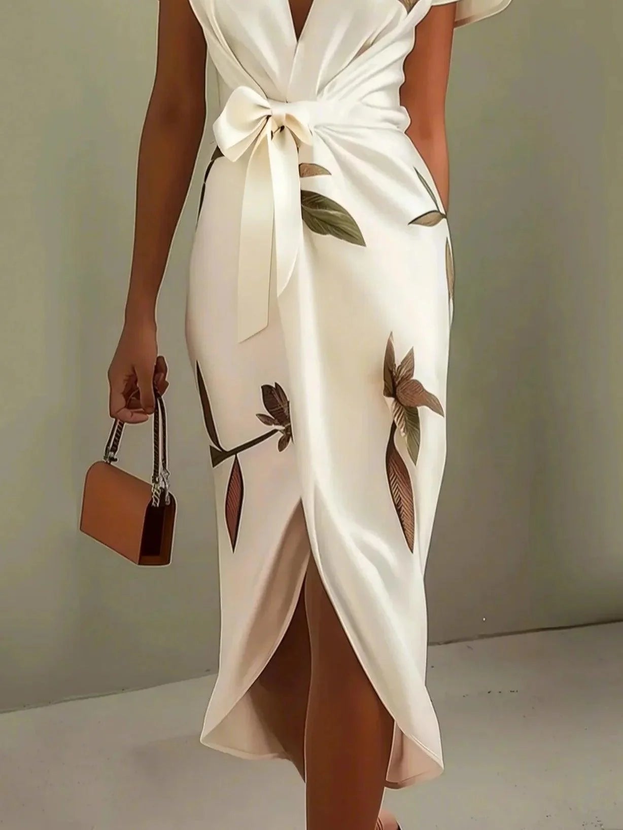 White Leaf Short Sleeve Satin Wrap Sheath Midi Dress - Seldom Seen Styles