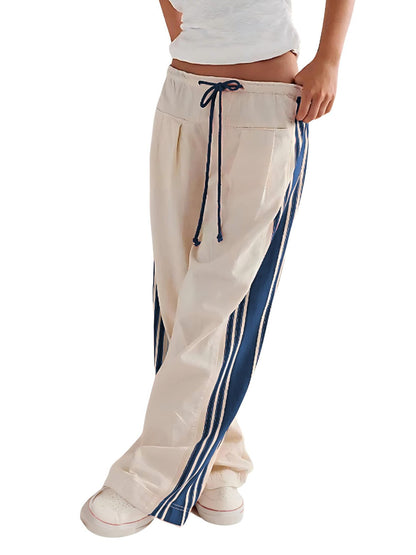 Women Y2k Track Pants Side Striped Wide Leg Baggy Pants Casual Drawstring Waist Parachute Sweatpants Streetwear