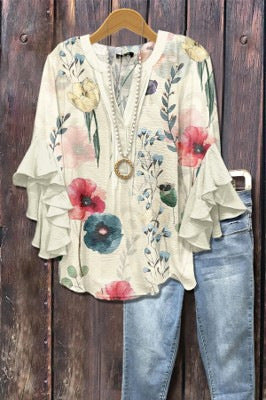 Retro Floral Print Layered Ruffle Sleeve Top Going Outfits Blouses Women Vintage 90s Tops Funny Shirts Women Elegant Classy Tops cute summer outfit - Seldom Seen Styles