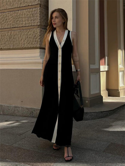 V-neck Sleeveless Single-Breasted Knitted Dress Tight European and American Midi Dress Contrast Color Cardigan Sexy Summer Dress 2024