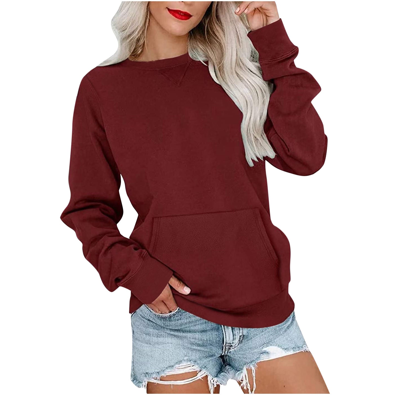 Women's Crewneck Hoodless Sweatshirt With Kangaroo Pocket Fleece Longsleeve Oversized Casual Style Shirt Lightweight Pullover - Seldom Seen Styles