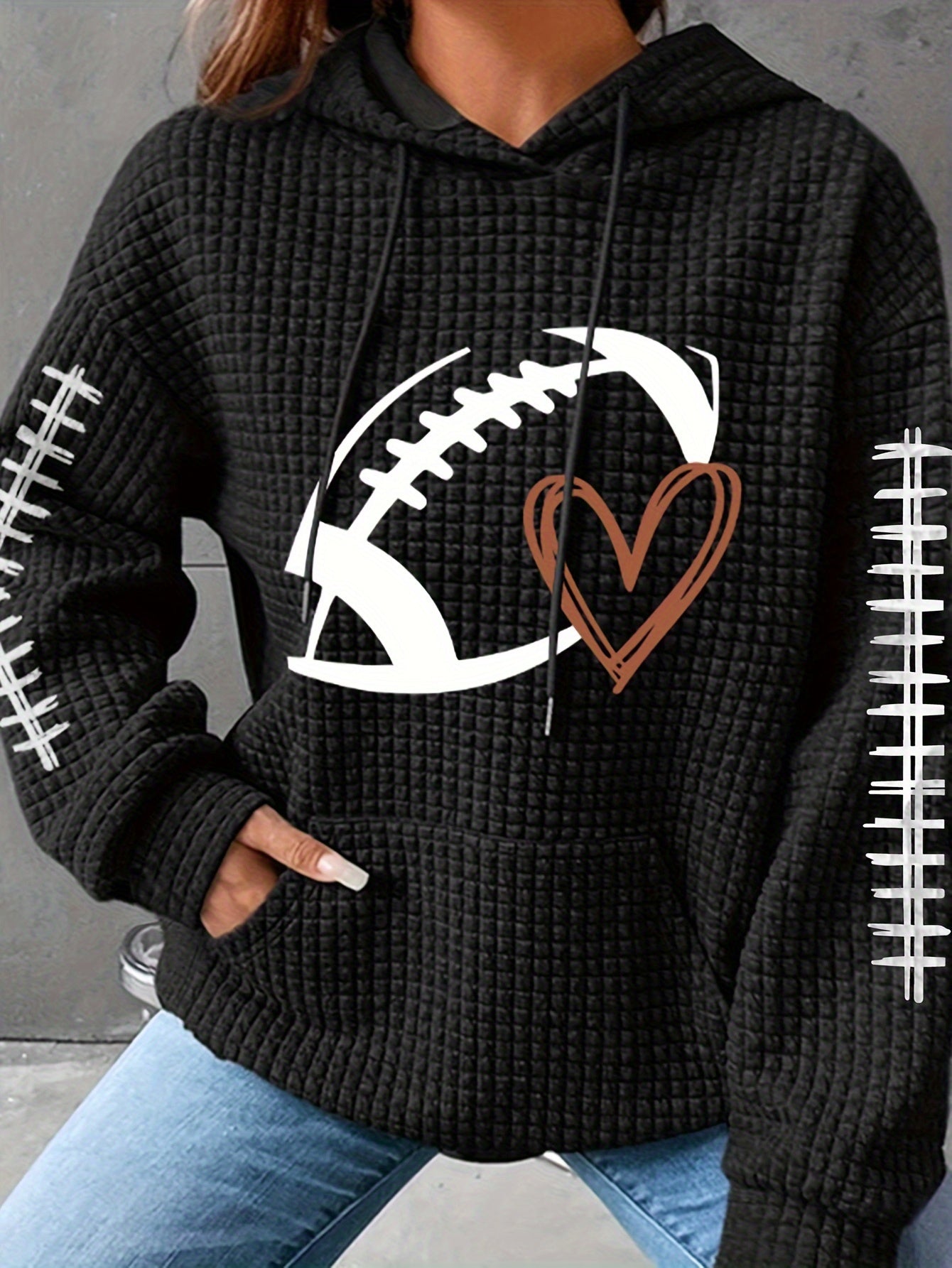 Gemütlicher Kapuzenpullover für Damen in Übergröße – Waffelstrick mit Rugby-Herzen-Print, lange Ärmel mit Kapuze mit Kordelzug und Kängurutaschen – perfekte Freizeitkleidung für kurvige Fashionistas