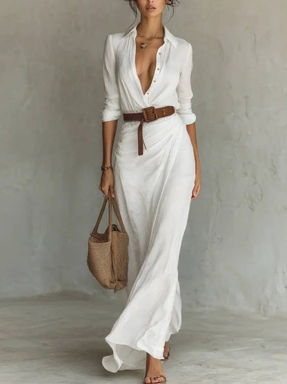 Oakleigh Elegant V-Neck Belted Maxi Dress - Formal & Everyday Wear