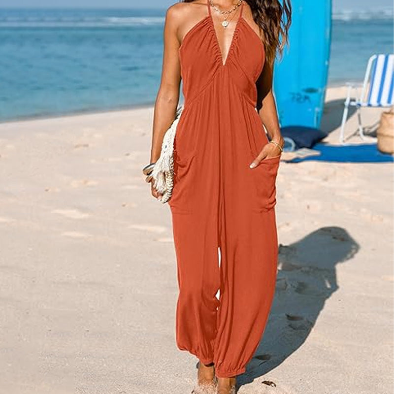 Women's Halter Neck Jumpsuit Deep V Backless Loose Fit Wide Leg Summer Beach Outfit - Seldom Seen Styles