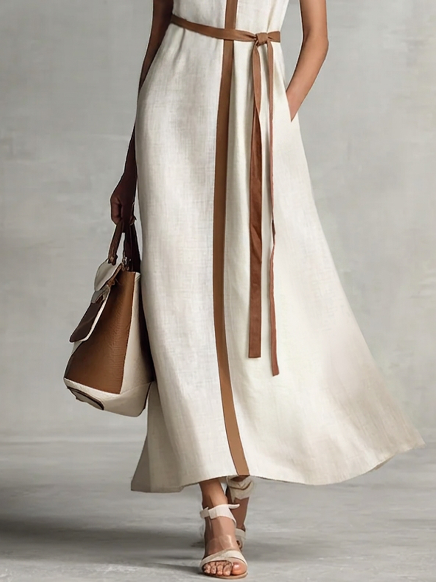 Women's Sleeveless V-Neck Tie-Waist Cotton Linen Maxi Dress MDZ1153B7BA - Seldom Seen Styles