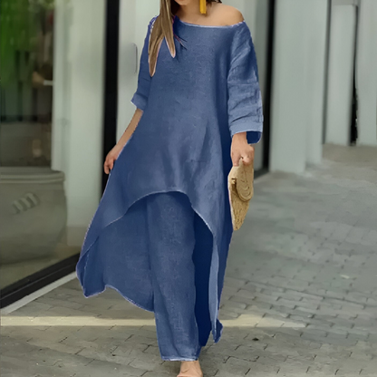 Womens Two Piece Set Dress Suit for Women Long Sleeve Cotton Linen Irregular Solid Crewneck Daily Wear Summer Set