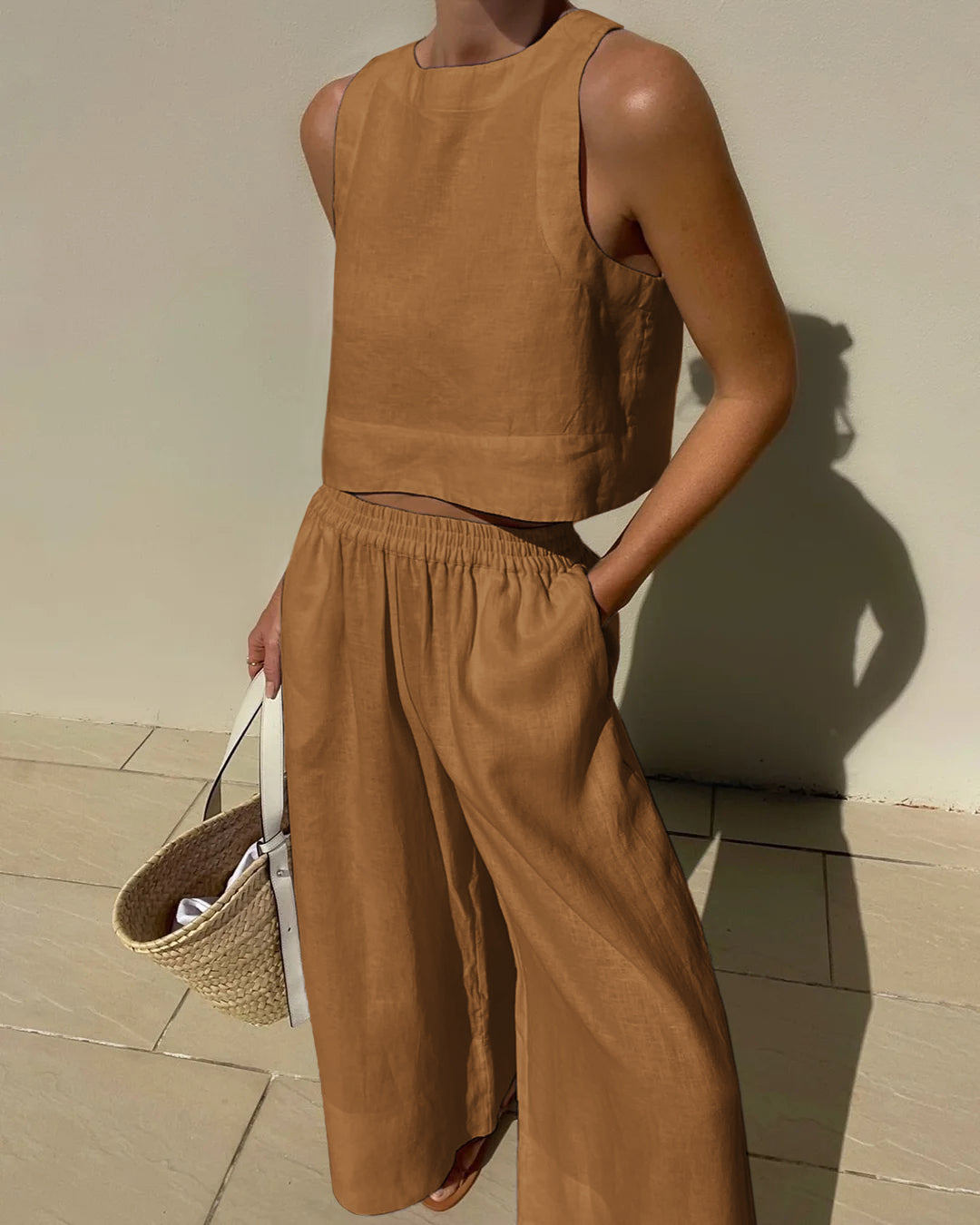 Women's Linen Two Piece Set Crop Top Wide Leg Pants Outfit - Seldom Seen Styles