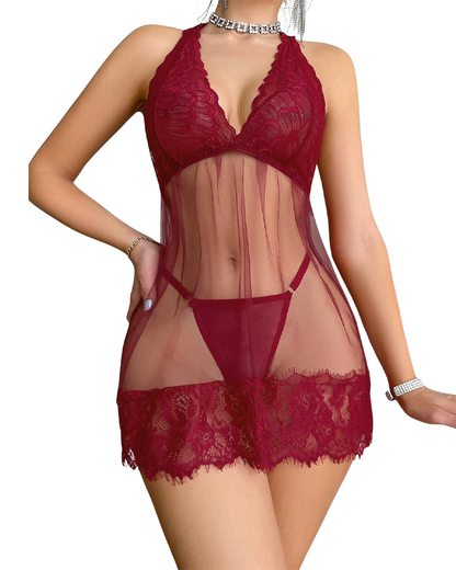 Babydoll-Dessouskleid mit floraler Spitze und Neckholder und Tanga