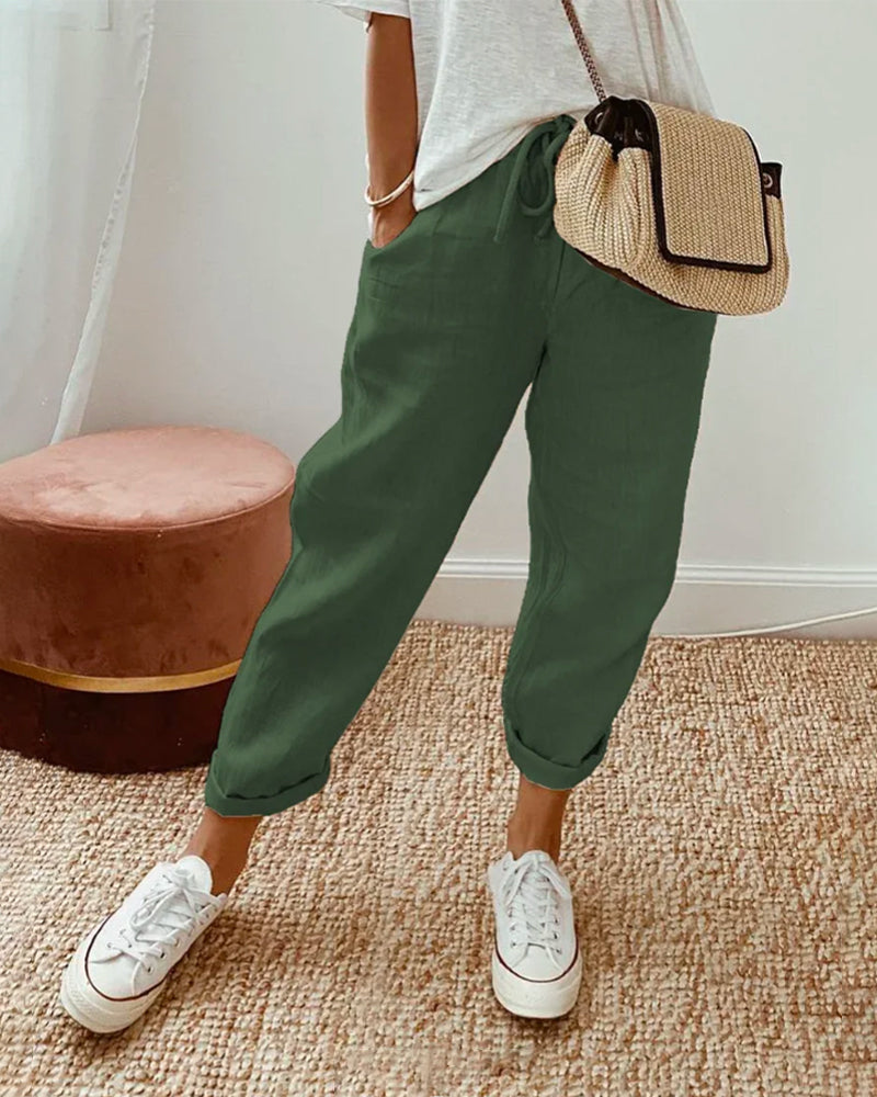 Womens Tapered Pants Cotton Linen Drawstring Back Elastic Waist Pants Casual Trousers with Pockets - Seldom Seen Styles
