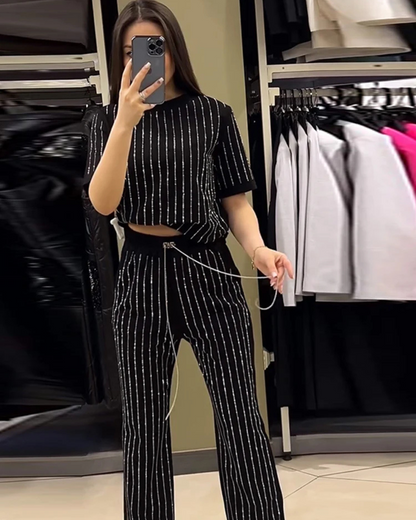 Women's Casual Solid Color Round Neck Hot Diamond Short Sleeve Two-Piece Suit Elegant Stripe 2 Piece Sets for Wome