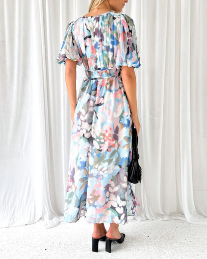 Women's Elegant Floral Maxi Dress - Boho Long Flowy Summer Dress with V-Neck, Lonesleeve Beach Wedding Guest Sundress for Women