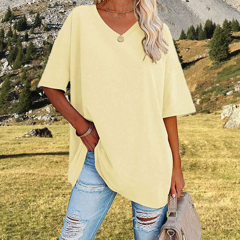 Women's Loose Fit V-Neck T-Shirt Short Sleeve Casual Summer Tops Solid Color Lightweight Breathable Cotton Blend Tee Shirt for Women - Seldom Seen Styles