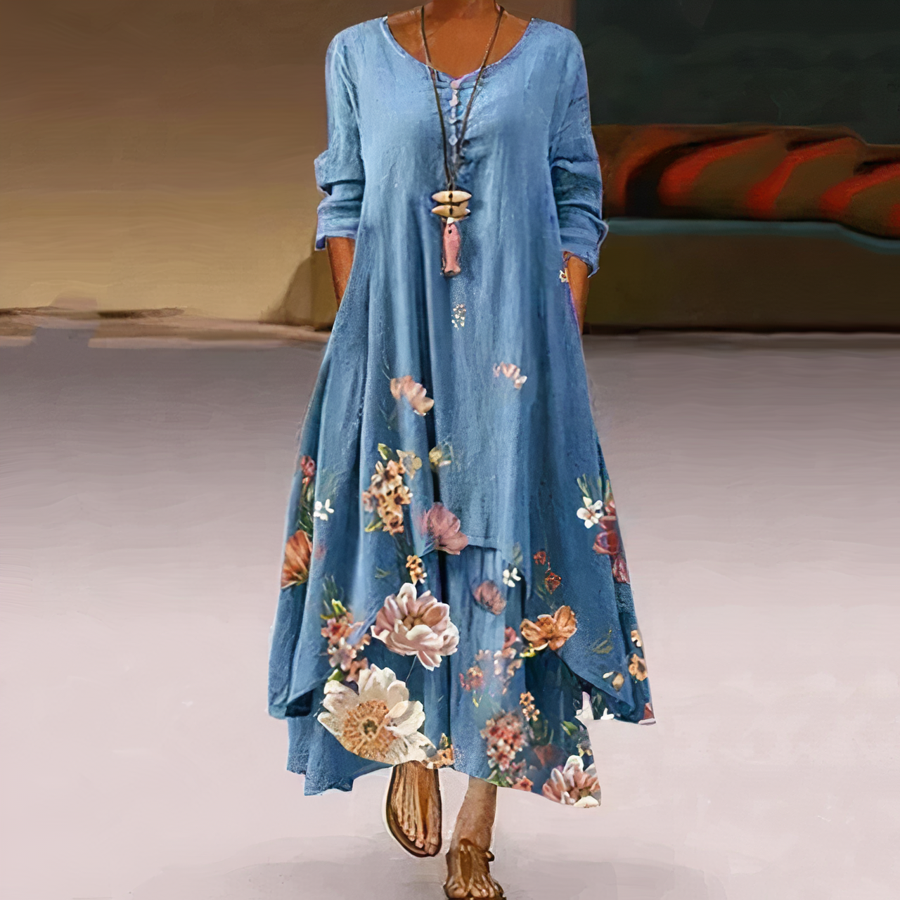 Flora | Women's Floral Print Long Sleeve Loose Maxi Dress - Seldom Seen Styles