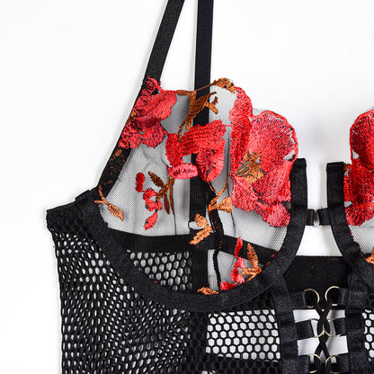 Women Sexy Lingerie Strap Lace Teddy Babydoll Sheer Bralette and Panty Set