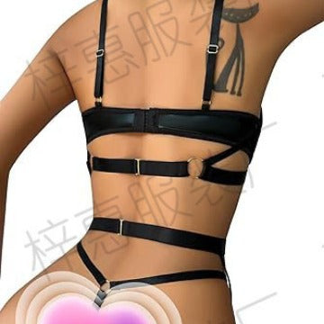 Women's Exotic Lingerie Sets Sexy Strappy Leather Rave Outfits Babydoll Garter with Underwire Push Up Bra and Chains