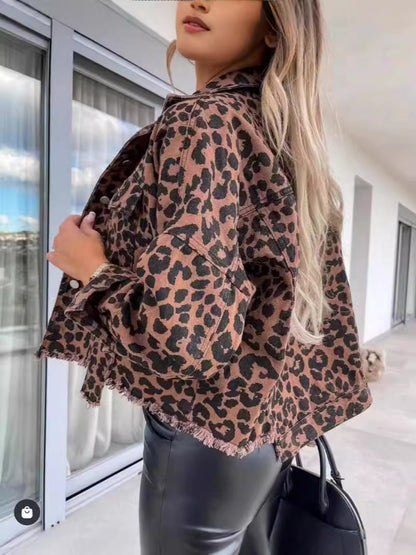 Women's Leopard Print Denim Jacket Long Sleeve Animal Printed Raw Hem Button Down Cropped Jean Coat Outerwear