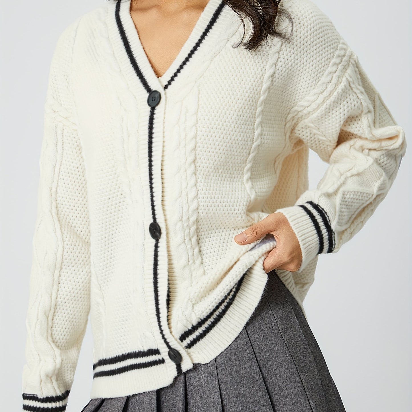 Women's Star & Letter Embroidery Textured Button Front Cable Knit Cardigan, Casual Drop Shoulder Long Sleeve V Neck Cardigan, Women's Knitwear for Fall & Winter - Seldom Seen Styles