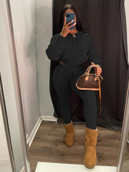 Women's Minimalist Textured Long Sleeve Crop Hooded Sweater & High Waist Skinny Pants Set, Casual Cozy Lady Knitwear Outfits Suits, Basic Womenswear