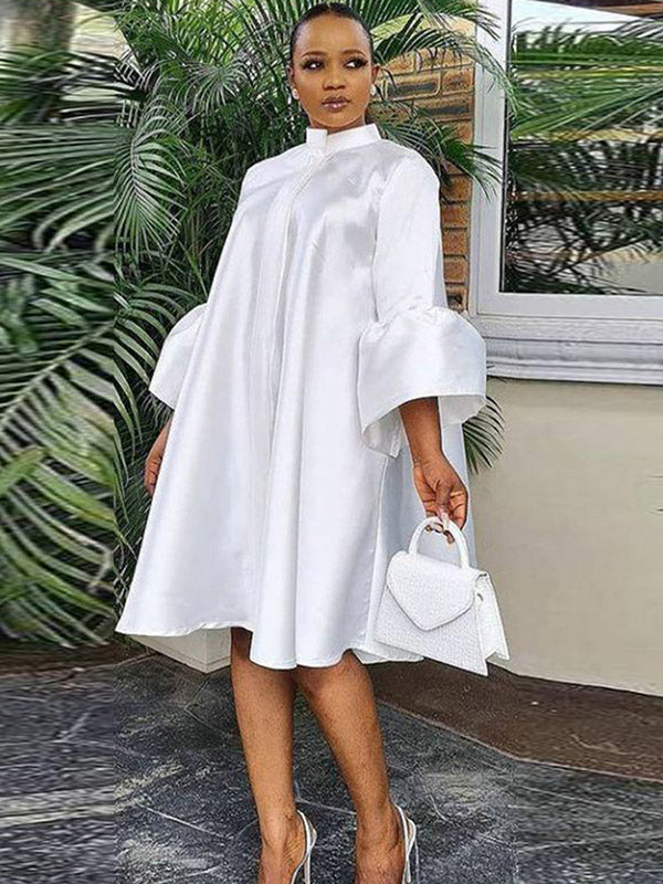 Urban Buttoned Solid Color Stand Collar Flared Sleeve Loose Midi Dress - Seldom Seen Styles