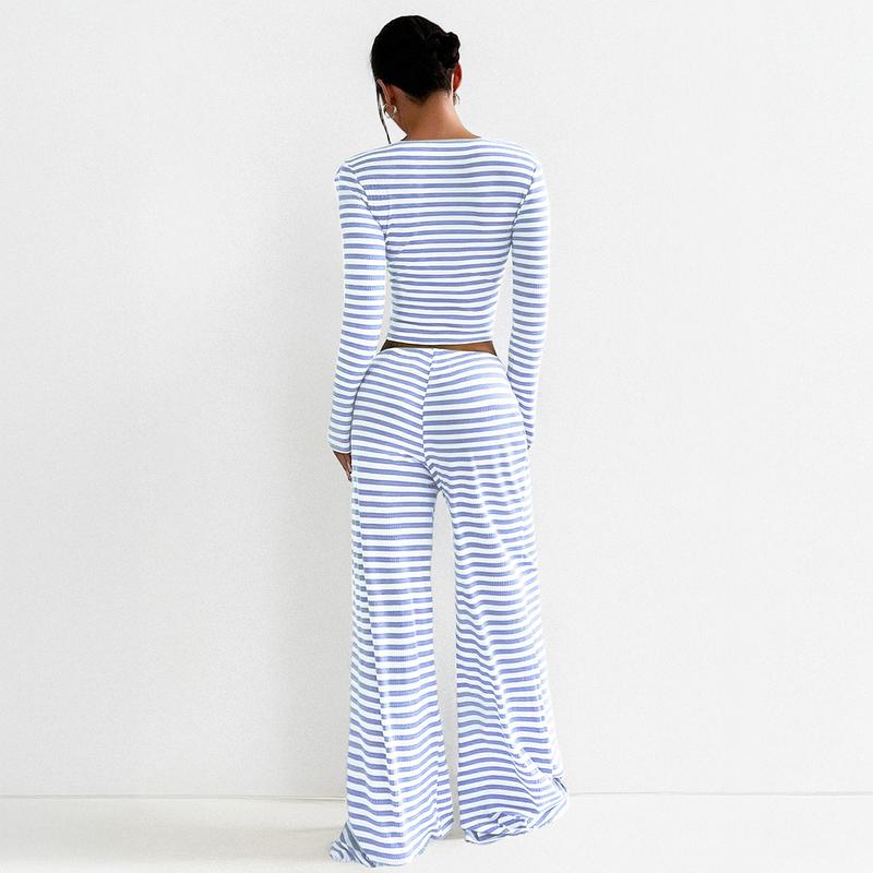 Women's Slouchy Square Neck Stripe Long Sleeve Crop Top & Low-Rise Wide Leg Trousers Co-ord, Minimalist Two Piece Outfits, Cozy Womenswear - Seldom Seen Styles