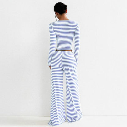 Women's Slouchy Square Neck Stripe Long Sleeve Crop Top & Low-Rise Wide Leg Trousers Co-ord, Minimalist Two Piece Outfits, Cozy Womenswear