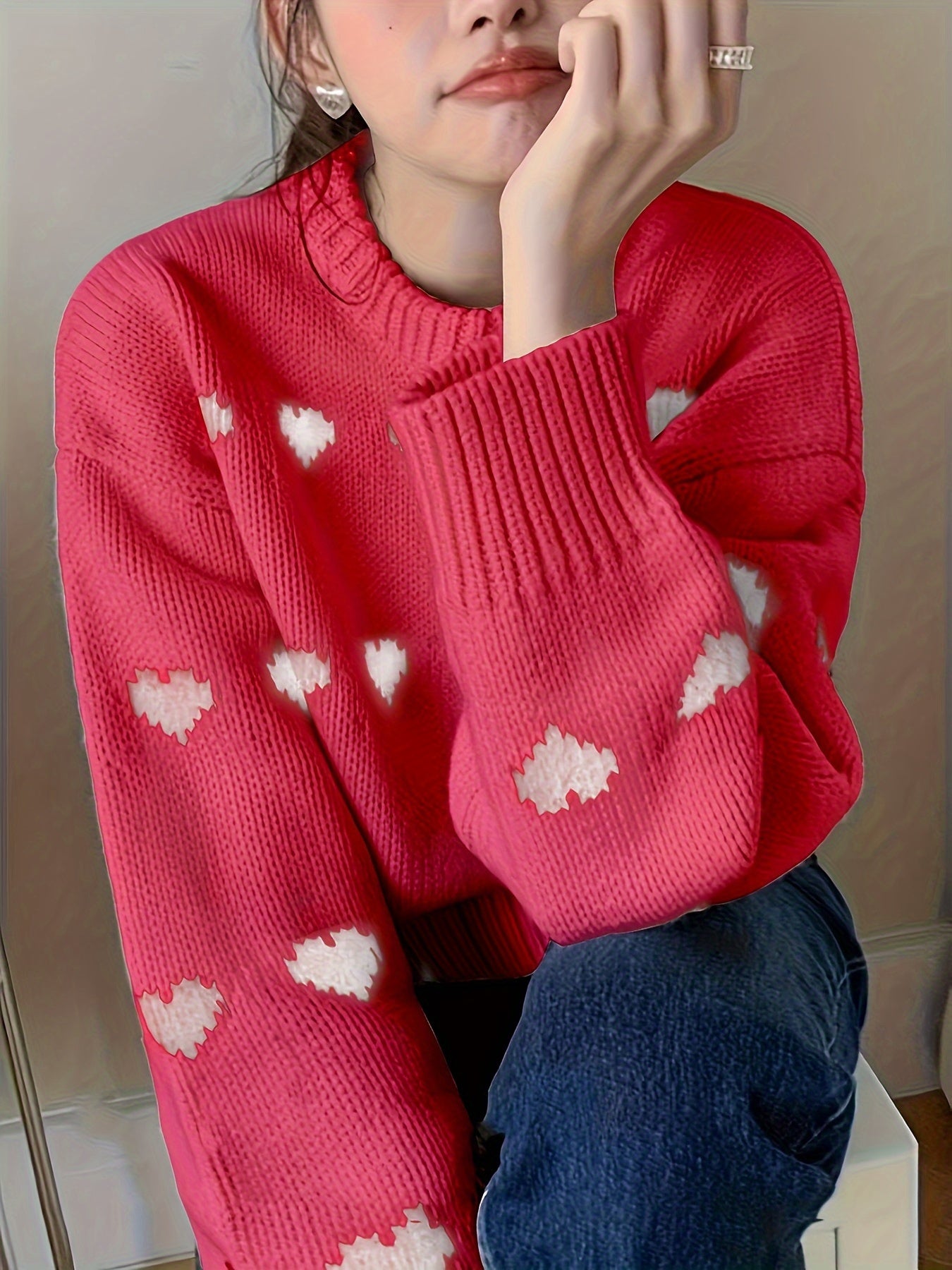 Heart Pattern Crew Neck Pullover Sweater, Valentine's Day Long Sleeve Drop Shoulder Sweater, Women's Clothing