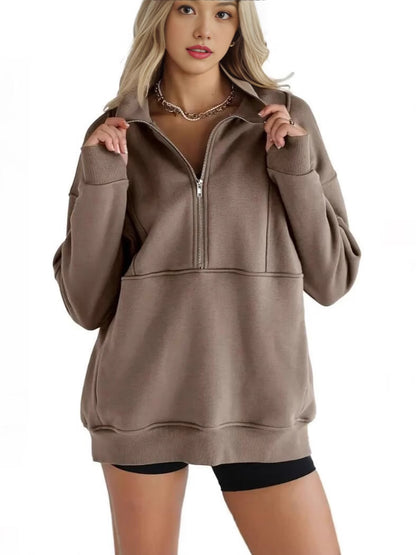 Damen-Sweatshirts mit halbem Reißverschluss, Fleece, Stehkragen, lange Ärmel, Daumenloch, übergroße Pullover mit Taschen