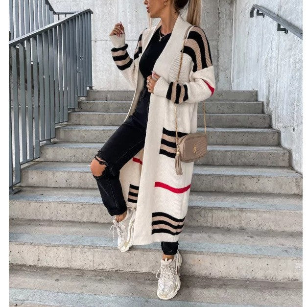 Long  Striped Sweater Cardigan  Loose Large Sweater Coat