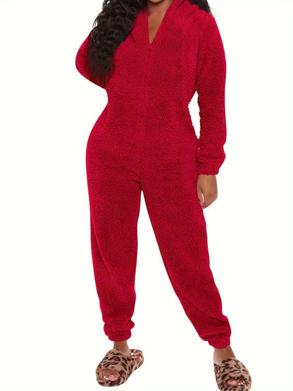 Women's Solid Zipper Hooded Plush Pajama Jumpsuit, Casual Long Sleeve Teddy Bear Ear Design Jumpsuit for Fall & Winter, Women's Sleepwear for Indoor Wear, Fluffy Lady Pajamas, Loungewear, Homewear, Pjs