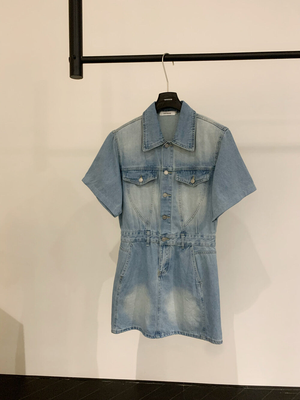 Women's Light Blue Washed Denim Short Sleeve Lapel Collar Silver Button Mini Dress Waist Cinching Dual Chest Pockets Side Pockets S M - Seldom Seen Styles
