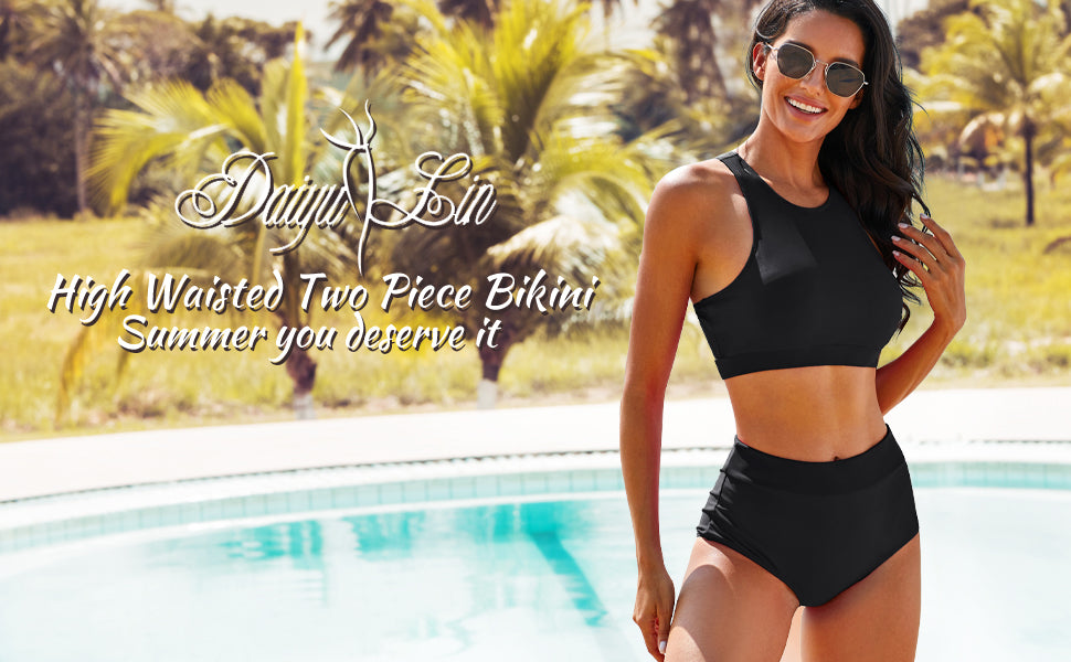 High Waisted Bikinis for Women High Neck Sporty Racerback Crop Top Swimsuit High Cut Two Piece Bathing Suit XS-XXL - Seldom Seen Styles