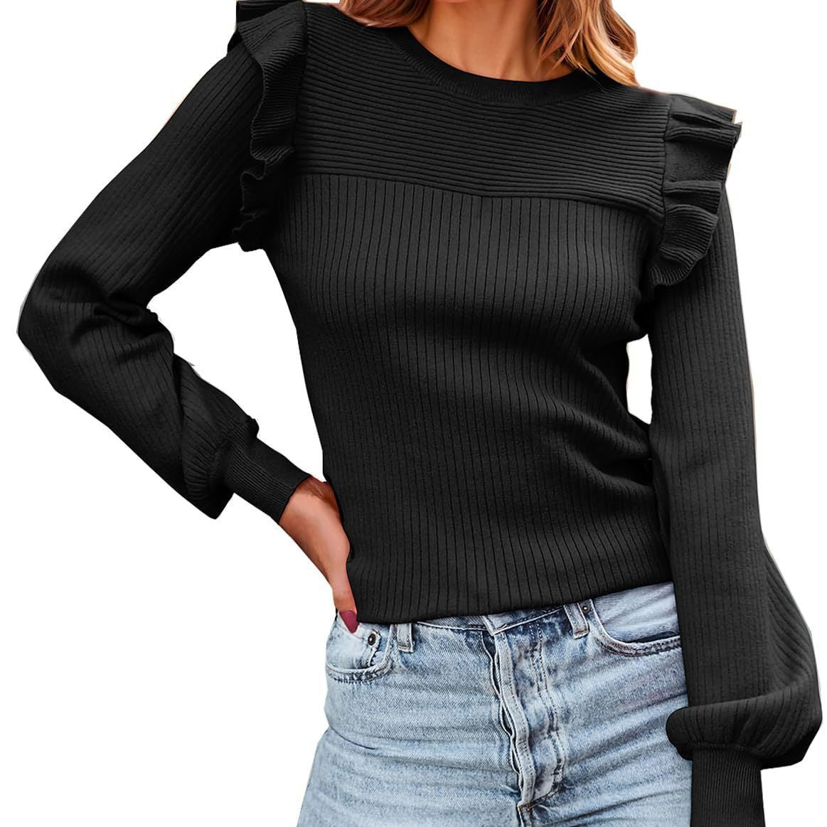 Amazon Cross-Border Women's Ruffled Shoulder Long Sleeve Sweater round Neck Slim Fit2023Autumn and Winter Rib Knitted Top