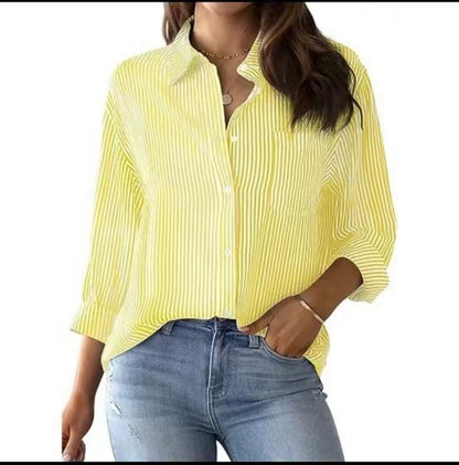 Womens Button Down Shirts Striped Classic Long Sleeve Collared Office Work Blouses Tops with Pocket