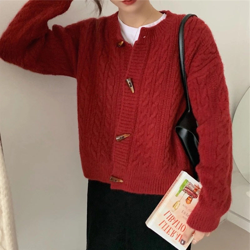 Japanese Style Horn Button Short Cable-Knit Sweater Women's Autumn and Winter New Knitted Cardigan Coat round Neck Solid Color Sweater for Women