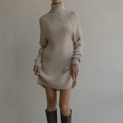 Long Sleeve High Collar Sweater Dress Women Casual Loose Thick Sunken Stripe Solid Color Sheath 2023 Autumn and Winter Knitting Dress