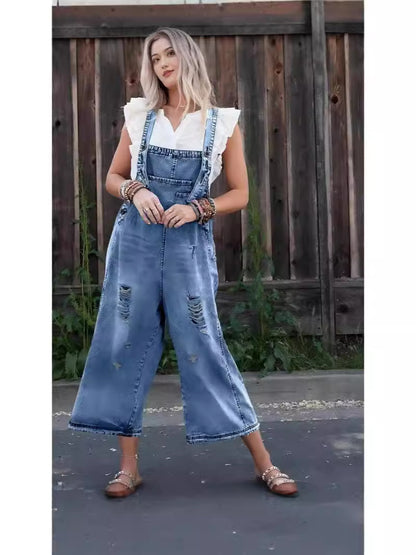 Women's Denim Overalls Casual Jumpsuits Loose Fit Adjustable Strap Distressed Bib Jeans Overall Jumpsuits