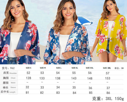 Women's Beach Cover up Swimsuit Kimono with Bohemian Floral Print, Loose Casual Resort Wear