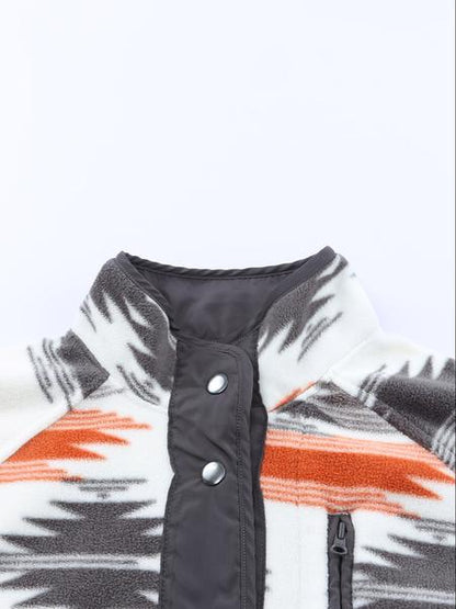 Women's Geometric Print Pocket Button Front Zipper Polar Fleece Spring Jacket, Casual Stand Collar Long Sleeve Coat for Fall & Winter, Women's Clothes for Daily Wear, Jackets & Coats, Fall Outfits, Fall Clothes, Preppy 80s Clothes