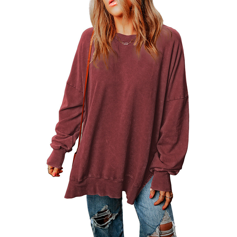 Autumn New Pure Color round-Neck Pullover Women's European and American Leisure Style All-Match Super Long Flab Hiding Long-Sleeved Top for Women