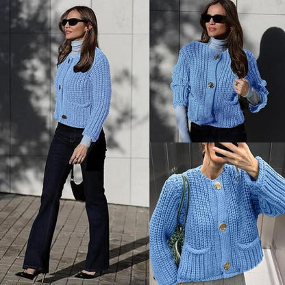 Women's Cropped Cardigan Sweater Long Sleeves Button Down Chunky Knitted Coat Knitwear