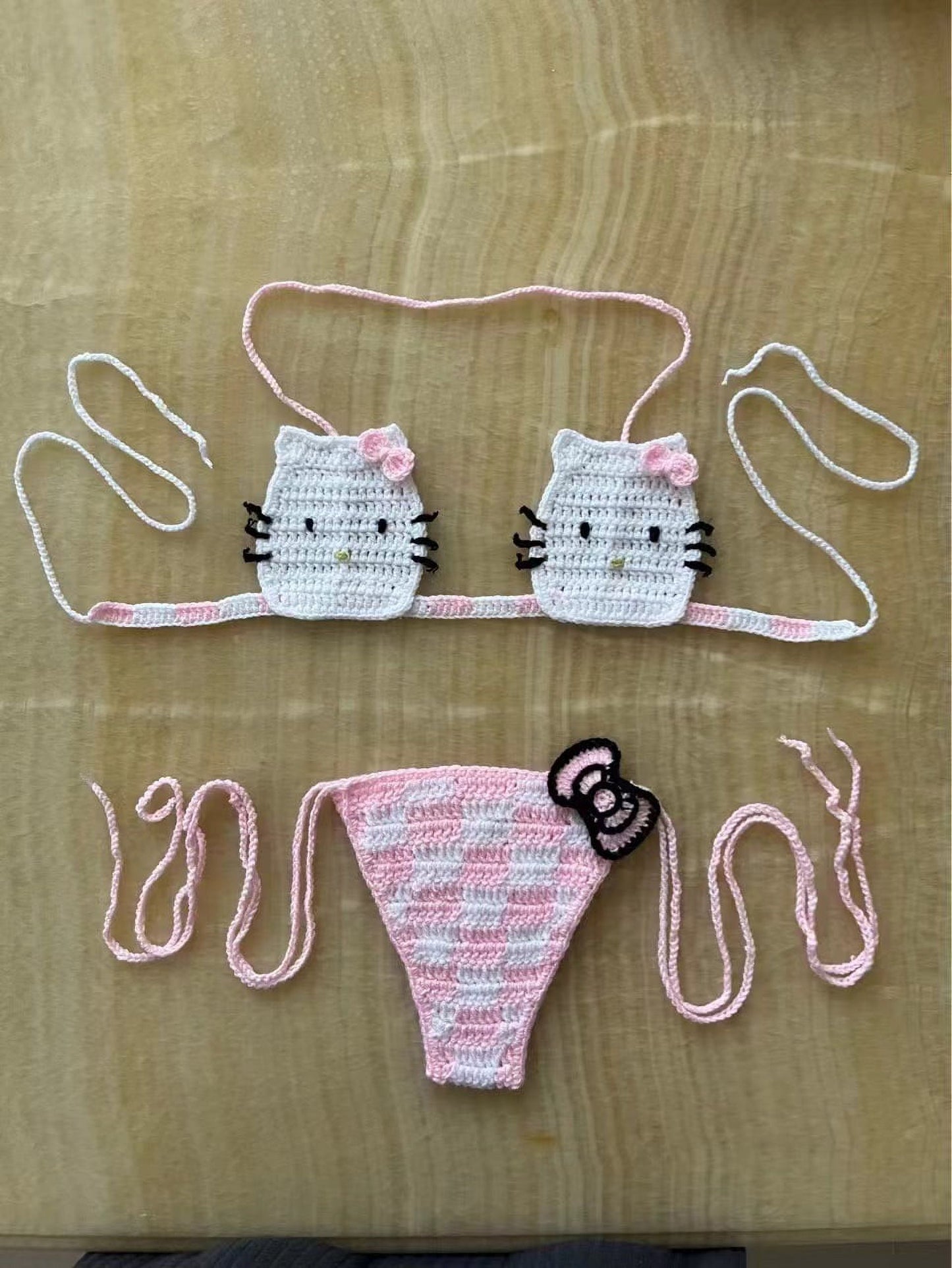 Hello Kitty Crochet Bikini Set 2pcs Bathing Suit Sexy Micro Bikinis Y2k Ties Swimsuit Thong Swimwear Miniso Women Swimming Suit Xinyi - Seldom Seen Styles