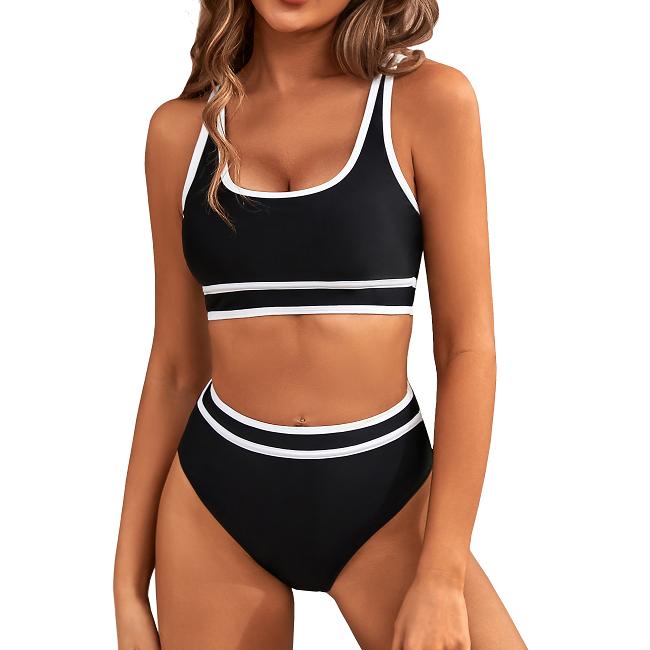 Women's High Waisted Bikini Sets Sporty Two Piece Swimsuit Color Block Cheeky High Cut Bathing Suits - Seldom Seen Styles