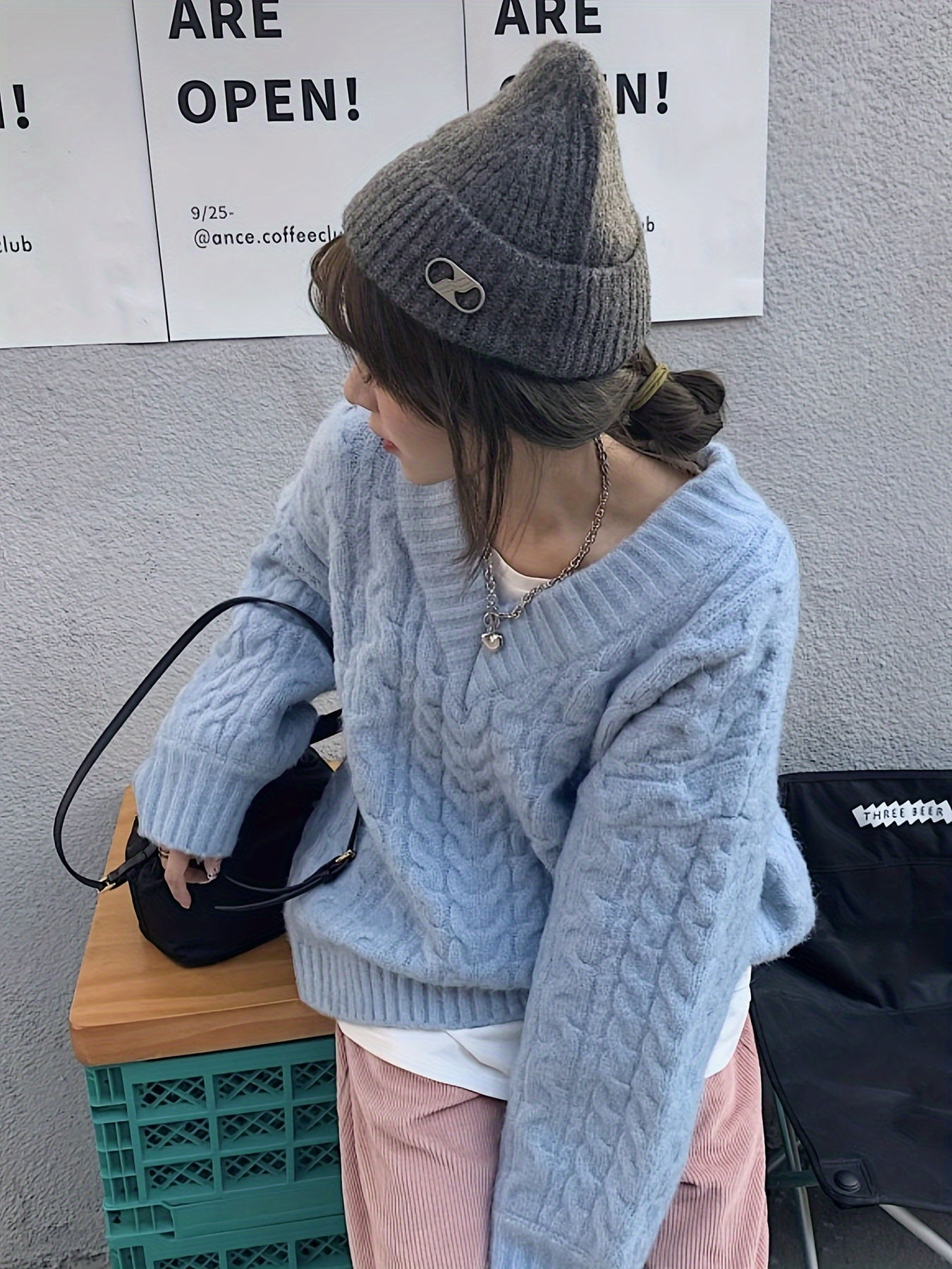 Cozy Light Blue V-Neck Cable Knit Sweater Women's Fashion Pullover - Casual Polyester 100% Solid Color Knitted Jumper with Long Sleeves for All Seasons