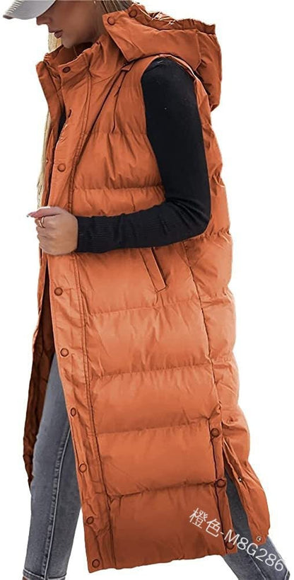 Gilet long matelassé pour femme avec capuche matelassée et fermeture boutonnée pour manteau d'hiver 2024 - Hauts, Vêtements femme