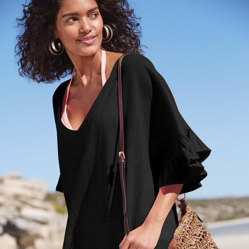 Womens Swimsuit Coverup V Neck Bathing Suit Beach Dress Sexy Ruffle Sleeves Bikini Cover Up Loose Top - Seldom Seen Styles