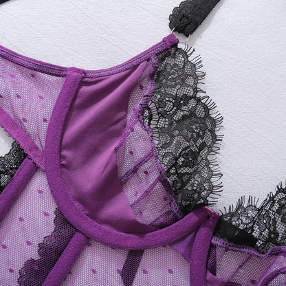 Sexy Color-Block Mesh See-Through Lingerie Hollow Out Backless No-Remove Temptation Erotic Bodysuit with Underwire