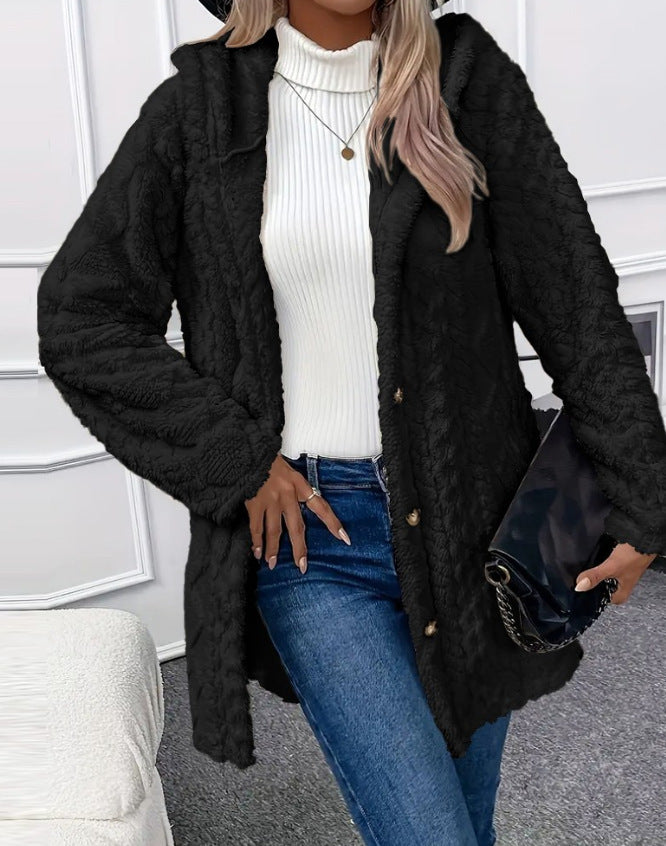 Autumn and Winter Warm Fashion Jacquard Plush Hooded Cardigan Coat