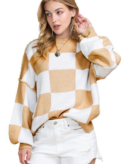 Leisure Style Plaid Printed Long-Sleeved Top Women's Autumn New Warm Pullover Crew Neck Sweater