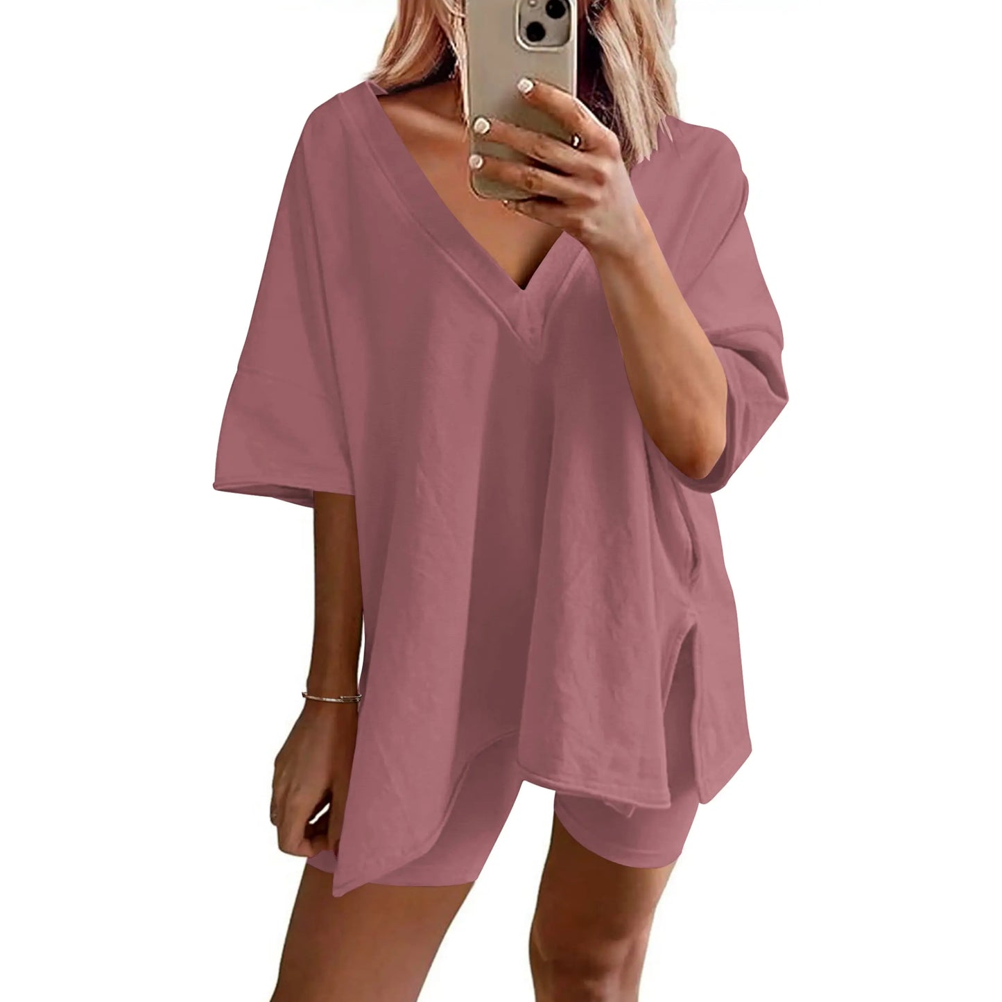 Mother's Day EKOUAER V-neck Two-Piece Pajama Set For Women Summer Casual Oversized Split Hem Shirts & Biker Shorts Minimalist Lounge Wear Soft Homewear Cozy Pjs Clothes Comfy - Seldom Seen Styles